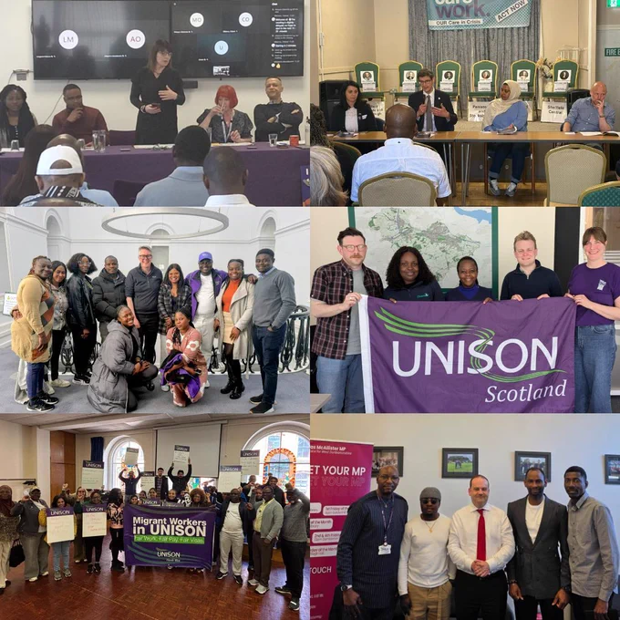 Collage of photos of care worker members with their MPs supporting the fair visa campaign.