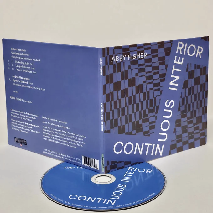 The title track – the evocative Continuous Interior by New York composer Robert Honstein – draws inspiration from the modern experience of limitless, bounded spaces – shopping malls, airport terminals, vast warehouses – and translates that feeling into waves of resonant sound, where vibraphone tones sparkle above neon, quasi-techno synth textures.

The album also features Andrea Mazzariello’s powerful and moving Figure to Ground. Mazzariello’s composition explores rhythmic perception on a massive scale, unfolding a single syncopated figure until the sense of pulse dissolves, only to be gently reasserted by a late-breaking melody. It is, in the composer’s words, an invitation to find “a kind of pleasure in this liquified listening.”

“These works are deeply connected by a sense of exploration and scale,” says Fisher. “Honstein’s piece is about moving through a vast, unfolding interior. Mazzariello’s is about focusing on a single syncopated figure, unfolded on a massive scale. 