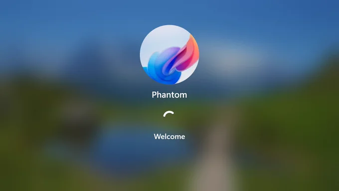 Windows 11 login screen, with the newer style spinning animation between the username ("Phantom") and the "Welcome" text.