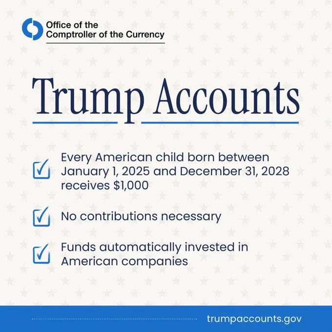 Trump Accounts:
- Every American child born between January 1, 2025, and December 31, 2028, receives $1,000
- No contributions necessary 
- Funds automatically invested in American companies
TrumpAccounts.gov
