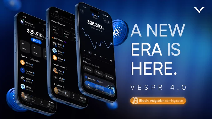Three smartphones display a cryptocurrency app featuring market data, token balances, and Bitcoin integration announcement.