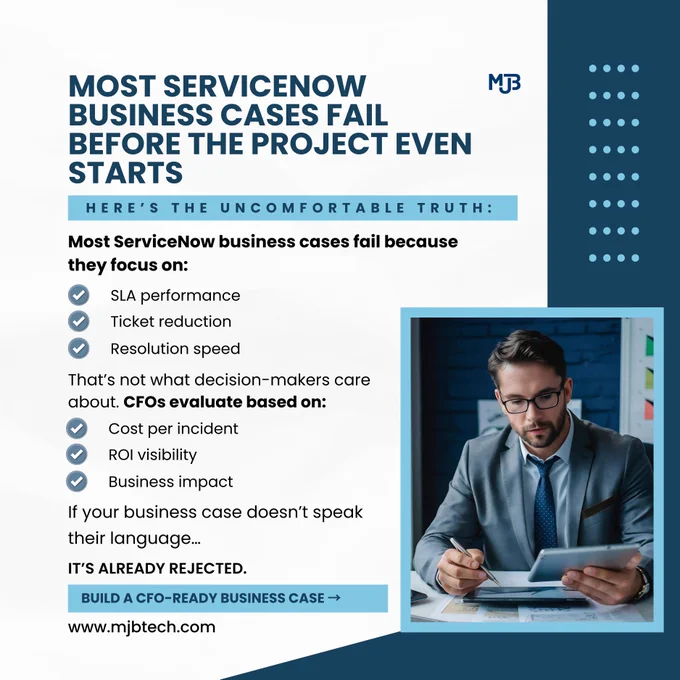 Most ServiceNow projects don’t fail in execution.
They fail at approval.

Teams focus on:
SLA • Tickets • Resolution

CFOs care about:
Cost • ROI • Impact

If your business case isn’t financial, it’s already rejected.

👉 https://mjbtech.com/blogs/how-to-build-a-servicenow-business-case-your-cfo-will-approve?utm_source=twitter&utm_medium=social&utm_campaign=servicenow_business_case&utm_content=twitter_post

#ServiceNow #ITSM #CIO #EnterpriseIT #ROI