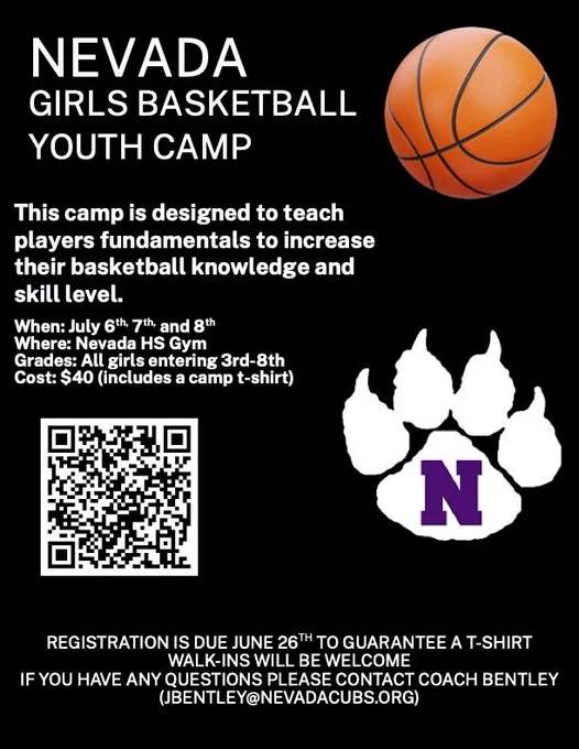 Girls Basketball Camp July 6-8th @ Nevada HS Gym, grades 3-8. Cost $40 (includes t-shirt)
https://www.gobound.com/ia/schools/nevada/camps?idAct=h20181267211732be917adc24f489bd1