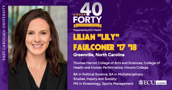 East Carolina University's "40 Under Forty Leadership Awards" image features a professionally dressed individual. Text highlights Lilian "Lily" Faulconer's accomplishments, including her degrees. Image Includes ECU Alumni logo.