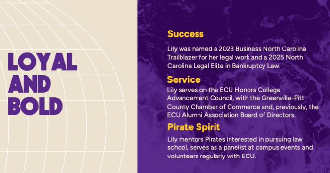 A graphic titled "Loyal and Bold" on the left. On the right, text highlights achievements: named a 2023 Business North Carolina Trailblazer, a 2025 North Carolina Legal Elite, service roles with ECU Honors College, Greenville-Pitt County Chamber of Commerce, and volunteer activities with ECU.