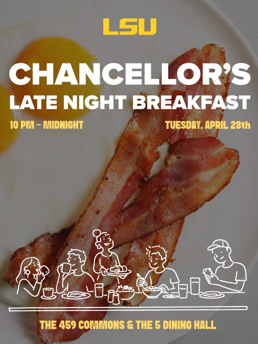 The image is a promotional poster for LSU's Chancellor’s Late Night Breakfast event. It features an overhead photo of bacon and eggs. The event takes place on Tuesday, April 28th, from 10 PM to midnight at The 459 Commons and The 5 Dining Hall. The bottom of the poster includes an illustration of people enjoying a meal.