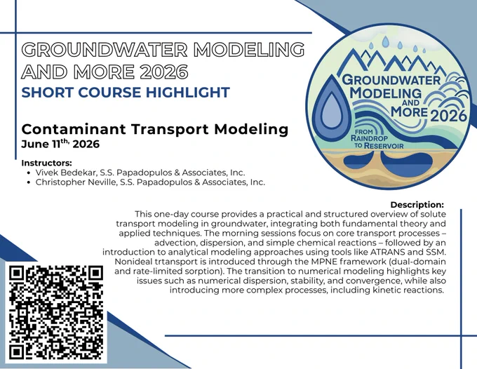 Promotional graphic for Groundwater Modeling and More 2026 Contaminant Transport Modeling short course, taking place on June 11th. The mostly white design includes blue accents in the corners and the conference logo at the top right. Centered text lists the instructors and describes the course. A QR code at the bottom left links to the short course website.