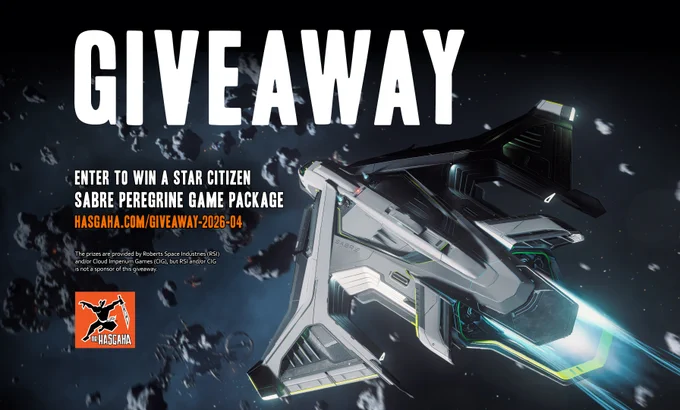 Hasgaha's giveaway for a Star Citizen Aegis Sabre Peregrine with LTI. The prize is provided by Roberts Space Industries (RSI) and/or Cloud Imperium Games (CIG), but RSI and/or CIG is not a sponsor of the giveaway.
