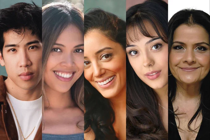 A montage of actor headshots, including  Zheng Xi Yong, Christine Allado, Hiba Elchikhe, Mia Kobayashi and Nina Wadia