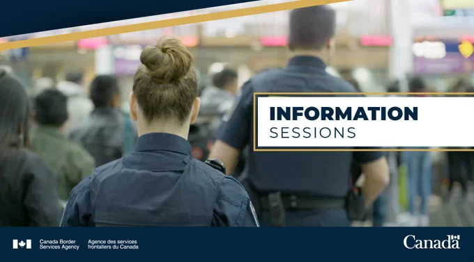 Two border services officers monitoring a crowd at an airport