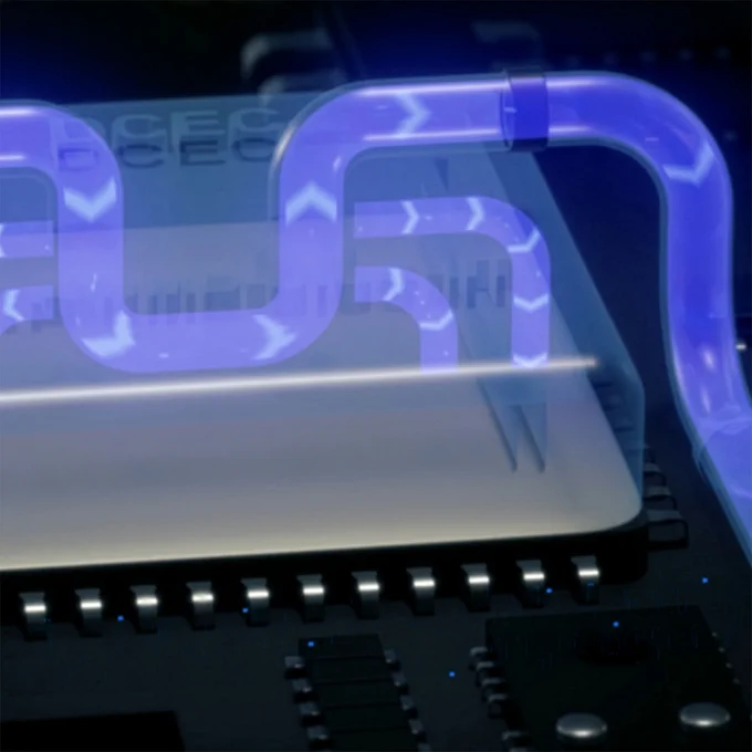 A computer-generated mock-up of Agonafer's cooling system, showing how a coolant would flow around a chip.
