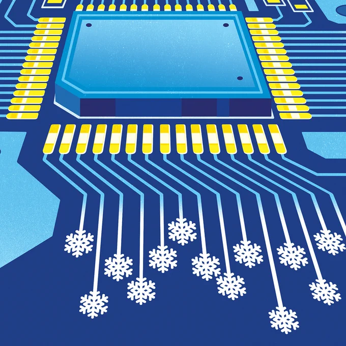 An illustration of a computer chip with snowflakes descending from it.