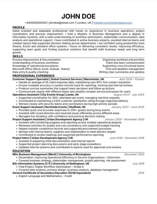 A clean, one-page CV using the Classic template on myexactcv, showing a structured layout with sections for profile, skills, professional experience, and education, using clear headings and simple formatting for easy reading.