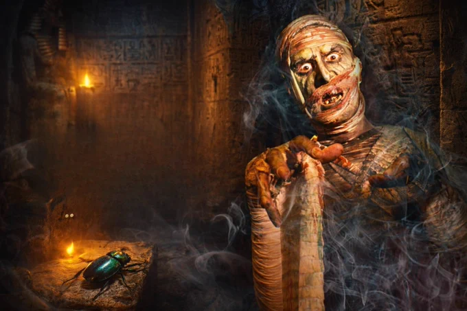 actor Nathan Head playing The Mummy in an ancient tomb, a single torch lights the chamber ahead as a scarab beetle looks on in wonder.