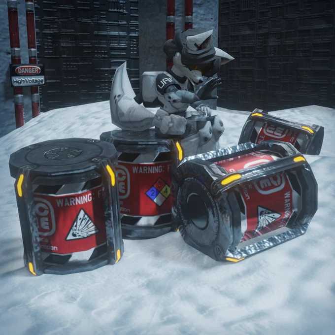 An anthropomorphic wolf video game character sits atop a pile of clearly labeled explosive barrels.