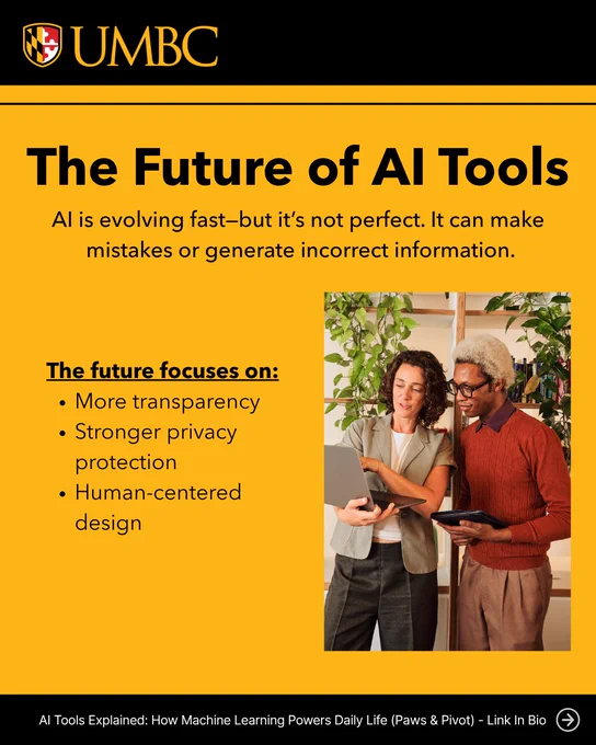 Graphic about the future of AI tools highlighting transparency, privacy protection, and human-centered design, with two people reviewing a tablet.