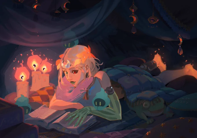 The Princess of the Underworld studying by candlelight in the comfort of her tent, by Joanne Tran.