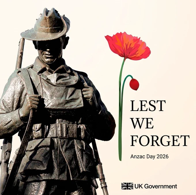 Image of statue of Anzac soldier with text: Lest we forget. Anzac Day 2026.