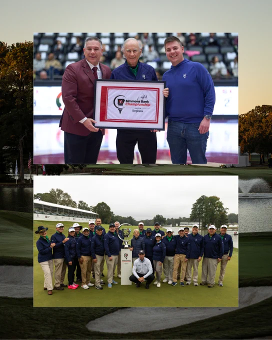 The image shows two photos. The top photo features three people posing indoors with a framed PGA Champions Tour sign, indicating an award ceremony. The bottom photo shows a group of individuals outdoors on a golf course, all wearing coordinated golf attire, posing for a group photo.