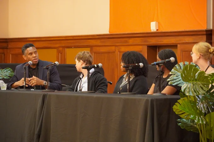 Student panelists speak onstage during a discussion about AI and education at Responsible AI for Education. 
