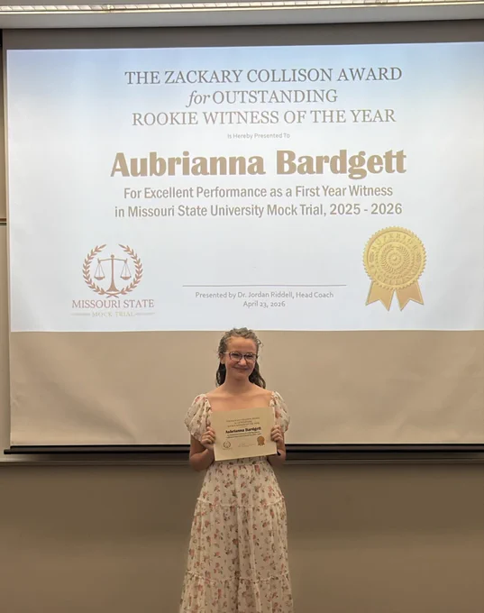 Aubrianna Bardgett awarded Outstanding Rookie Witness of the Year