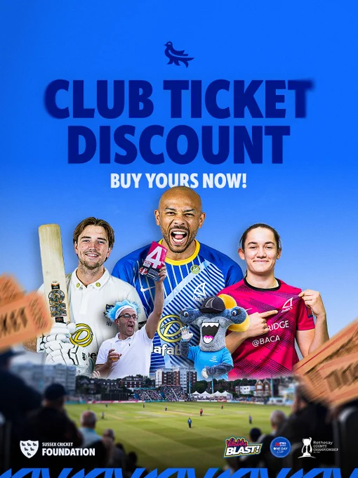 Graphic showing cut outs of selected Sussex Players, a fan and Sandy the Shark - arranged over an image of The County Ground, Hove and the words [Club Ticket Discount | Buy Yours Now!] above.