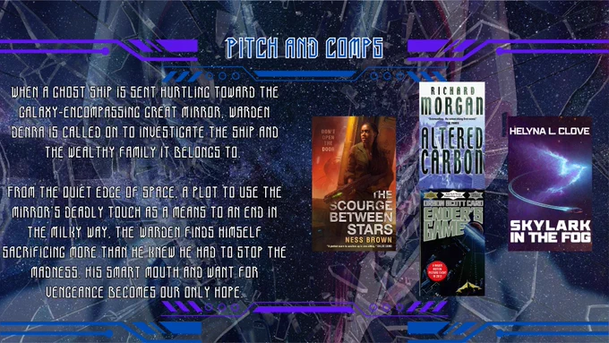 Pitch and comps

When a ghost ship is sent hurtling toward the galaxy-encompassing Great Mirror, Warden Denra is called on to investigate the ship and the wealthy family it belongs to. 

From the quiet edge of space, a plot to use the mirror’s deadly touch as a means to an end in the Milky Way, the Warden finds himself sacrificing more than he knew he had to stop the madness. His smart mouth and want for vengeance becomes our only hope.

Comps on the right side show book covers for Ender's Game, Skylark in the Fog, The Scourge Between Stars, and Altered Carbon 