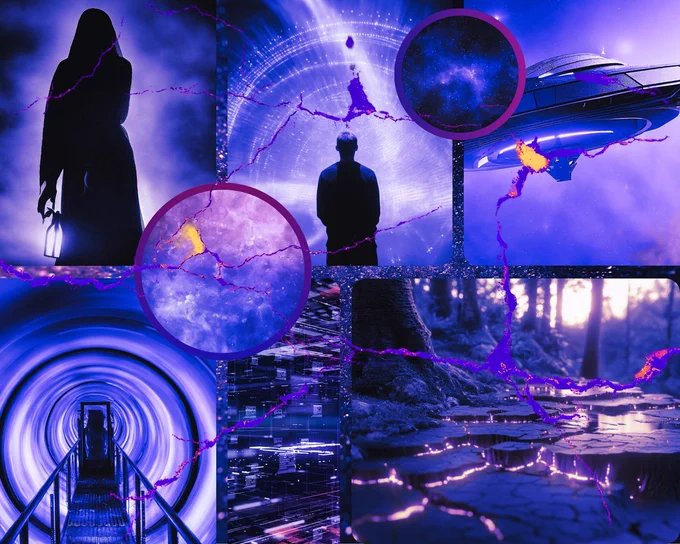 Six images in purple, blue, and gold hues. 
Top left going clockwise: A shrouded figure encases in a gaseous aura, lit altern on the left hip. Next: a man stands, facing a portal of deeply advanced making, it is glowing white with energy coming form the center. Next: a a silvery, bulbous spaceship is sitting in a clouded bit of space, light purple clouds. Bottom right: a forest path is rocky with cracks forming all along the walkway, embers and fire is see in the cracks, contrasting the purple and blue. Next, pixelated image that looks like technology breaking down. Bottom left, a metal, railed pathway leads through a blue and white vortex. 
