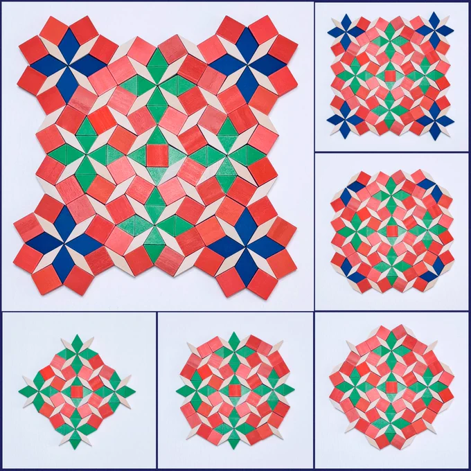 The top left main image shows a square-like geometric design created with pattern blocks. At the center is an orange square surrounded by four green triangles, four tan rhombuses, and eight orange squares. Around its center are eight flower arrangements. The four green flowers are made of four tan rhombuses, eight green triangles, and eight orange squares. The four blue flowers are made of four tan rhombuses, four blue rhombuses, and eight orange squares. The images along the bottom and on the right show the progression of the design.