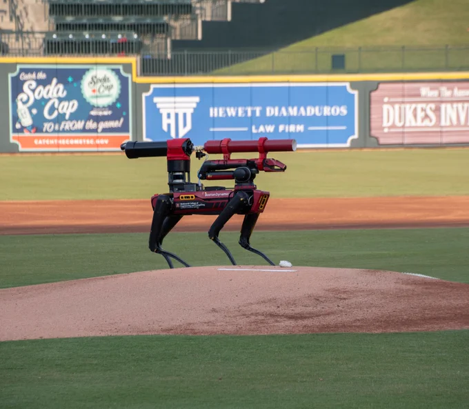 Spot robotic dog on the pitcher's mound at Segra Park. 