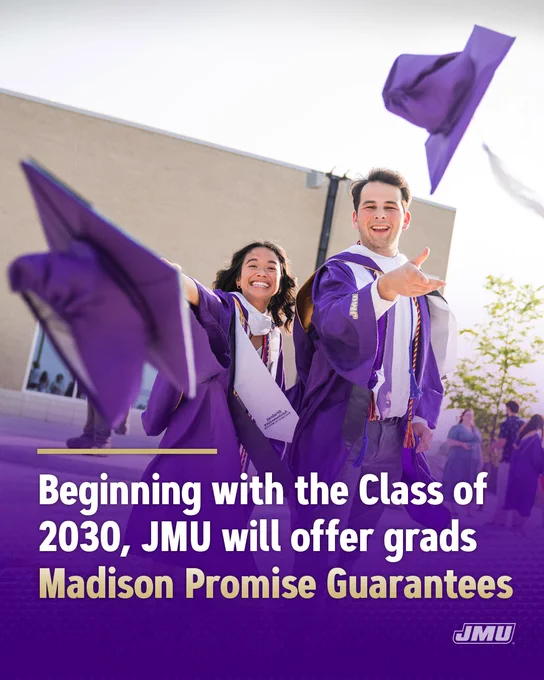 A graphic containing a photo of two students in their graduation regalia tossing their caps. At the bottom in a purple gradient box is text that reads “Beginning with the Class of 2030, JMU will offer grads the Madison Promise Guarantees.”