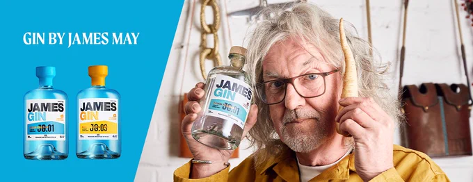A man holding a parsnip and a bottle of Gin. There are two additional bottles of gin pictured. Text: Gin by James May.