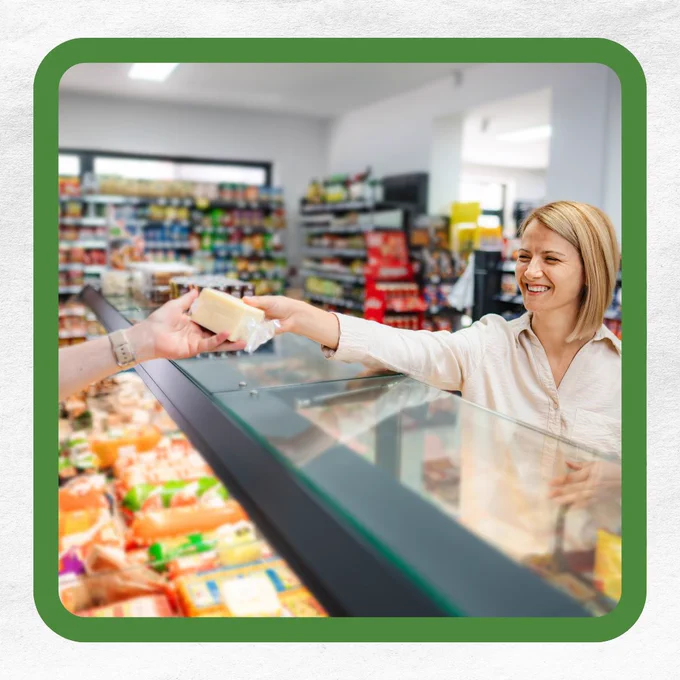 A woman smiling as she receives a package of cheese from a deli counter in a grocery store.