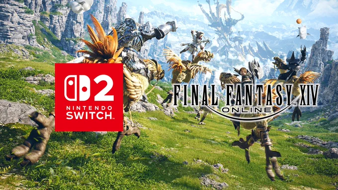 The Nintendo Switch 2 logo and the Final Fantasy 14 logo side by side. Background illustration shows characters riding chocobos on a grassy plane.