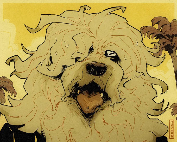 A Tibetan terrier character, looking weary.