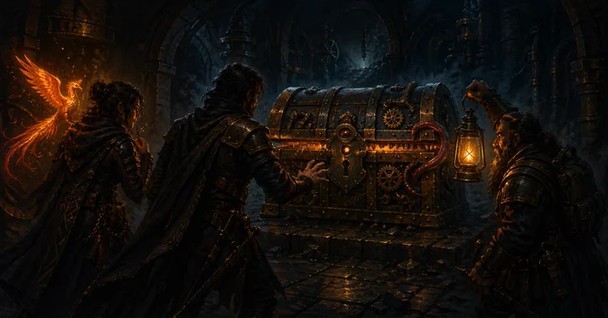 A dark, fantasy-themed scene set in an underground stone chamber where three adventurers cautiously approach a large, ornate treasure chest. The chest is reinforced with metal bands, gears, and glowing orange seams, suggesting both mechanical complexity and hidden danger. One character reaches toward the chest while another holds up a lantern, casting warm light across the scene. A third figure stands behind with a glowing, phoenix-like creature perched on their shoulder. The atmosphere is tense and mysterious, implying that opening the chest may trigger a trap rather than reward—visually reinforcing the idea that compliance or security outcomes are not simple “loot drops,” but require careful effort and awareness. The treasure chest is a mimic with sharp teeth waiting to attack the adventurers, but the Phoenix is there to protect them.