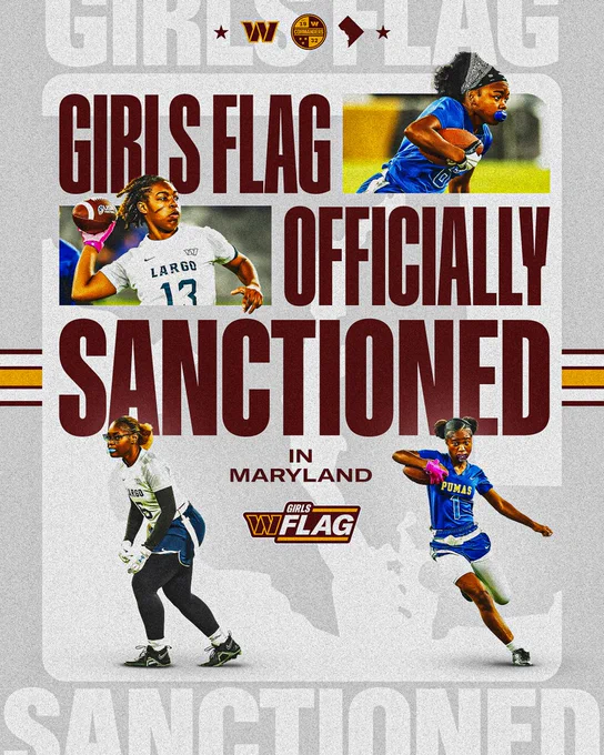 Graphic. It reads: Girls Flag Officially Sanctioned in Maryland. It features four photos of girls flag football players. 