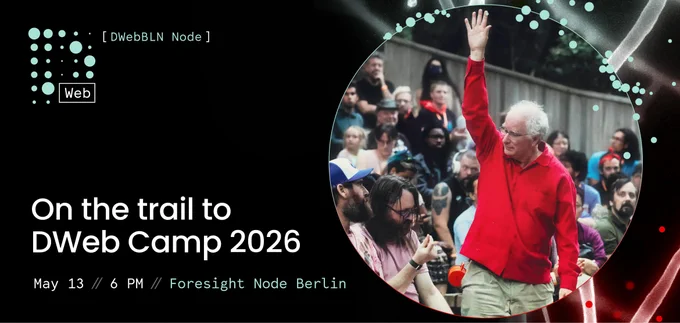 Graphic with the info in the post and an image with Brewster Kahle raising his right arm while standing, at DWeb Camp.