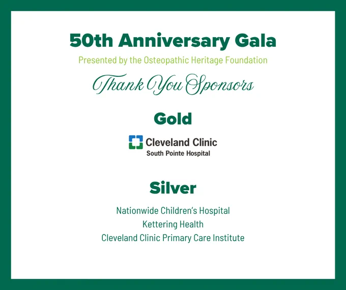 A 50th Anniversary Gala sponsorship graphic thanking Gold sponsor Cleveland Clinic South Pointe Hospital and Silver sponsors Nationwide Children’s Hospital, Kettering Health and Cleveland Clinic Primary Care Institute.