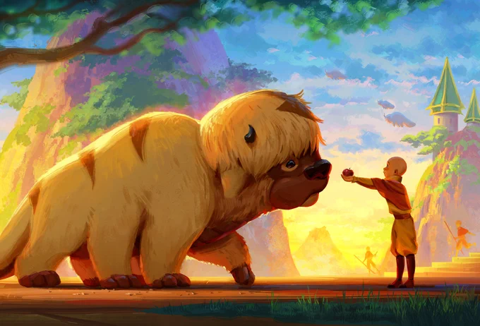 In this digitally painted fanart of Avatar: The Last Airbender, we see the first moment Aang met Appa when they were both little. Aang reaches out and offers an apple, which Appa sniffs. Air bison and airbenders play in the distant sunset