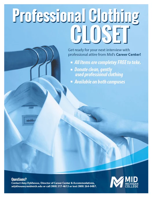 White professional shirts hanging on a rack offered free at Mid's Career Center for interviews.