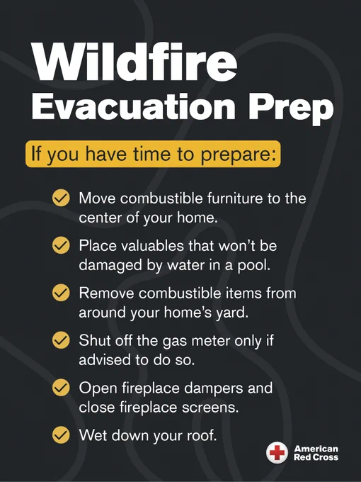 Wildfire evacuation preparation poster by the American Red Cross. It lists six steps: move combustible furniture inside, place valuables in a pool, remove combustible items from the yard, shut off gas if advised, open fireplace dampers and close screens, and wet down your roof.