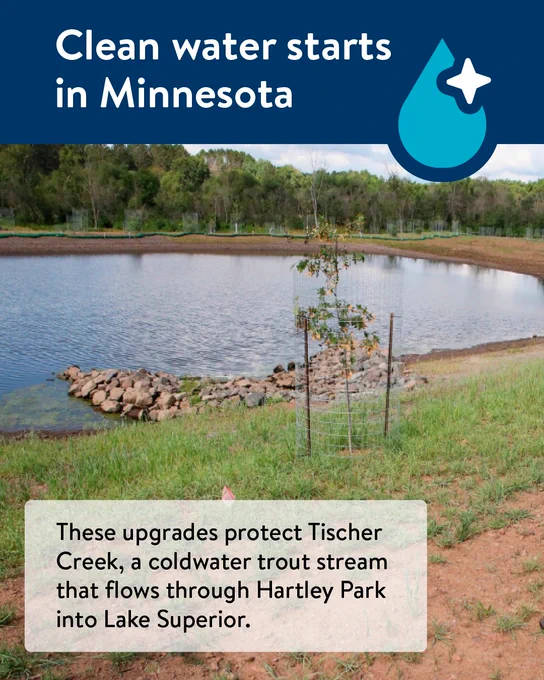 Lakeshore in Hartley Park in Duluth. Text reads: "These upgrades protect Tischer Creek, a coldwater trout stream that flows through Hartley Park into Lake Superior."