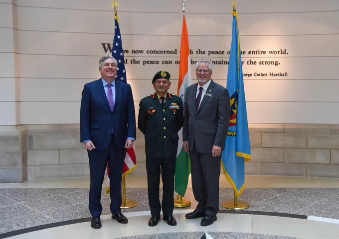 ISMO Director Amb. Young and NESA Director Amb. Desrocher pose for a photo with General Upendra Dwivedi, India's Chief of the Army in Marshall Hall at the National Defense University. 