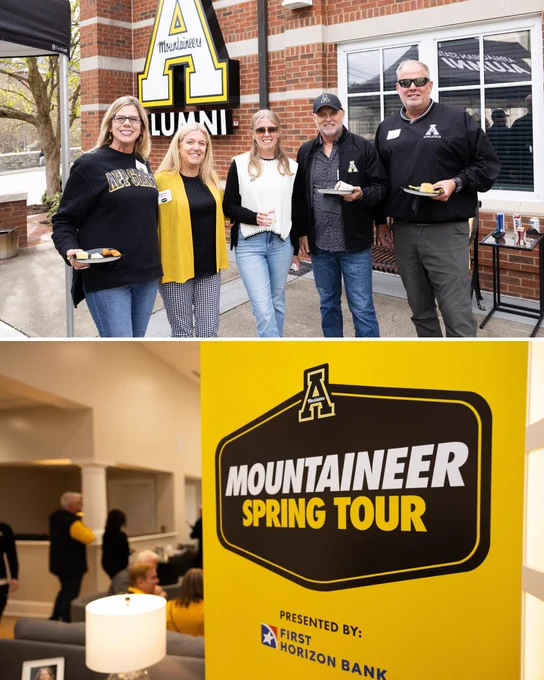 Mountaineers gathered outside the App State Alumni Center holding food and smiling in front of an App State Alumni sign during a Mountaineer Spring Tour stop.