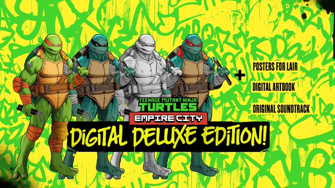 The digital deluxe bundle for Teenage Mutant Ninja Turtles: Empire City featuring the four Turtle skins, digital art book, digital soundtrack, and more.