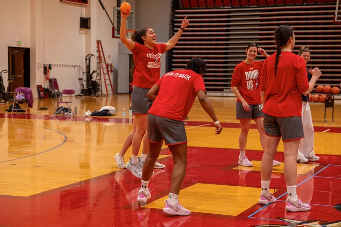 BU women's basketball playing themed games during practice