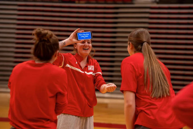 BU women's basketball playing themed games during practice