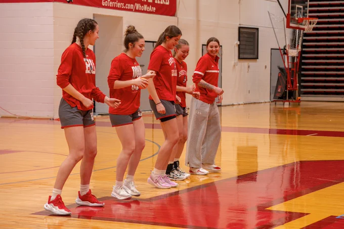 BU women's basketball playing themed games during practice