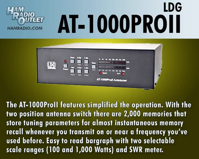 Picture of LDG AT-1000PROII
https://hro.net/NCtScVRJakF
Has a large, easy to read bargraph with two selectable scale ranges (100 & 1,000W) as well as SWR meter. Interfaces with many popular transceivers' TUNE button.
All products here: https://www.hamradio.com